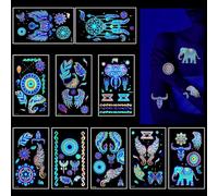 10 fogli di tatuaggi fluorescenti al neon e tatuaggi artificiali impermeabili con glitter artificiali, 88 pezzi di colore corpo al neon che si illumina al buio sotto la luce nera al neon, illuminati