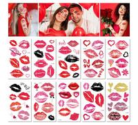 10 Fogli Di Tatuaggi Temporanei Per San Valentino Con Impronte Di Labbra Rosse E Tatuaggi Neri Per Il Viso Con Scritta "Love".