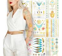 10 Foglie Tatuaggio all'henné Glitter Tatuaggi per donne ragazze, mandala, elefanti Flash Metallic Tatuaggi adulti temporanei, realistico argento finto tatuaggio adesivi decorazioni d'arte del corpo