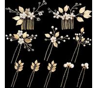 10 forcine per capelli da sposa con foglia dorata, gioielli per capelli con perle e strass, accessori per capelli da sposa, damigelle d'onore, ragazze con fiori