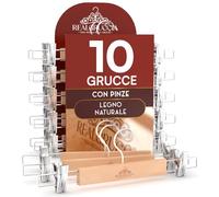 10 Grucce Appendiabiti con Pinze per Gonne Jeans Pantaloni in Legno Naturale 13x33cm - RealGruccia Clips Regolabili Salvaspazio e Robuste - Finitura Lucida e Gancio Girevole 360° in Metallo Resistente