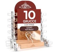 10 Grucce Appendiabiti con Pinze per Gonne Jeans Pantaloni in Legno Naturale 13x33cm - RealGruccia Gancio Girevole 360° in Metallo Resistente Clips Regolabili Salvaspazio e Robuste - Finitura Lucida