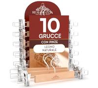 10 Grucce Appendiabiti con Pinze per Pantaloni Jeans Gonne in Legno Naturale 13x33cm - RealGruccia Finitura Lucida - Gancio Girevole 360° in Metallo Resistente Clips Regolabili Salvaspazio e Robuste