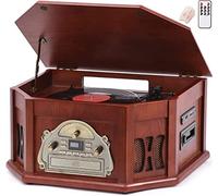 10-in-1 Wood Classic Turntable Stereo System with Bluetooth Connection, Vinyl Record Player, AM/FM, CD, Cassette, USB, SD Slot. 2 Built-in Speakers, Remote Control, MP3 Player
