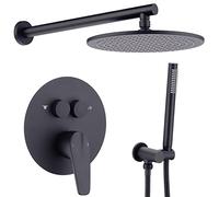10 inch Matte Black Shower System Push Button Diverter Wall Mounted Round Rainfall And Handheld Shower Trim Kit with Valve (Pressure Balance)