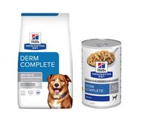 10 kg / 12 kg Hill's Prescription Diet Crocchette + 3 x Hill's Prescription Diet cibo umido gratis! - 12 kg Canine Derm Complete con Riso e Uova + 3 x 370 g Canine Derm Complete umido