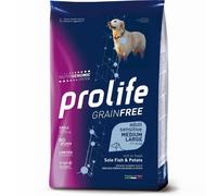 10 kg Prolife Grain Free Sensitive Alimento Cibo Crocchette Croccantini per Cani Adulti di Taglia Media e Large con Sogliola Fresca e Patate No Gluten