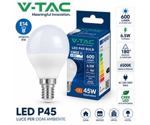 10 LAMPADINE LED V-TAC PRO E14 SFERA 6,5W MINIGLOBO P45 CHIP LED CREE LAMPADA