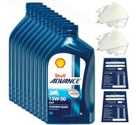 10 Litro Originale Shell Advance 4T Ax 7 15W50 Olio Motore Moto 600074503 Set