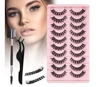 10 paia di ciglia finte arricciate a D, ciuffetti naturali per un look voluminoso fai da te, ciglia finte russe con pinzette a pennello, ciglia finte occhio di gatto