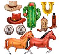 10 palloncini Wild West da corsa di cavalli, rodeo, ferro di cavallo, stivali da cowboy, cappello, cactus, carro, ruota marrone, palloncini occidentali, primo rodeo, compleanno, addio al nubilato