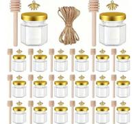 10 pezzi/20 pezzi/30 pezzi/50 pezzi Barattoli per miele, Barattoli di vetro esagonali premium con coperchio in legno dorato, Bottiglie contenitore piccole con ciondolo a forma di ape e corda di juta, 