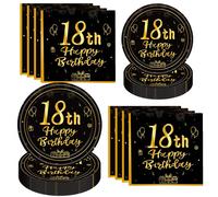 10 pezzi/20 pezzi/40 pezzi/60 pezzi/Set, Decorazione per il 18° compleanno, Piatti monouso neri e dorati, Tovaglioli, Stoviglie, Adatti per uomini e donne, Regalo per la festa del 18° compleanno, Deco