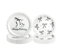 10 pezzi/20 pezzi/40 pezzi, Set di stoviglie con piatti a fiocco bianco e nero e tazze per tovaglioli per decorazione di feste di laurea o compleanni, forniture per feste di compleanno bianche e nere,