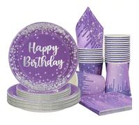 10 pezzi/20 pezzi/50 pezzi/80 pezzi Piatti, bicchieri e tovaglioli viola e argento, forniture per feste, piatti da dessert, tovaglioli e bicchieri da bere viola con glitter argento, decorazioni per ta
