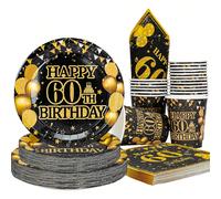 10 pezzi/20 pezzi/50 pezzi/80 pezzi Set di piatti, bicchieri e tovaglioli per feste di 60° compleanno, in nero e oro, con scritta "Evviva i 60 anni", set di stoviglie di carta per feste di compleanno