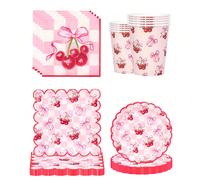 10 pezzi/20 pezzi/50 pezzi/80 pezzi Set di piatti per decorazioni di compleanno a tema ciliegie, decorazioni per feste a tema ciliegie con fiocchi rosa e rossi, set di piatti, tovaglioli, bicchieri e 