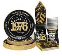 10 pezzi/20 pezzi/50 pezzi/80 pezzi Set di stoviglie monouso per il 50° compleanno, piatti, bicchieri e tovaglioli neri e dorati, decorazioni e forniture per la festa di compleanno "Evviva i 50 anni" 