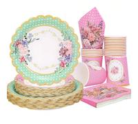 10 pezzi/20 pezzi/50 pezzi/80 pezzi Set di stoviglie per festa del tè con fiori rosa e blu, piatti di carta con motivi floreali, bicchieri di carta, tovaglioli e accessori per decorazioni da giardino,