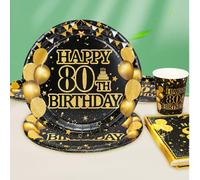 10 pezzi/20 pezzi/50 pezzi/80 pezzi Set di stoviglie per feste di 80° compleanno, piatti, tovaglioli, bicchieri di carta neri e dorati, decorazioni per feste di 80 anni, articoli da festa per uomini o