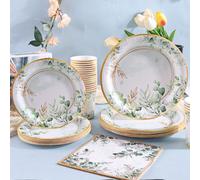 10 pezzi/20 pezzi/50 pezzi Set di piatti, bicchieri e tovaglioli per la comunione, tema verde salvia, adatto per compleanni, addii al nubilato, matrimoni floreali, decorazione oro e verde, tema della