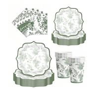 10 pezzi/20 pezzi/50 pezzi set, piatti di carta usa e getta verdi con motivi floreali bianchi, adatti per dessert, cena, diametro 9 pollici, 7 pollici, piatti di carta, tovaglioli, bicchieri di carta,