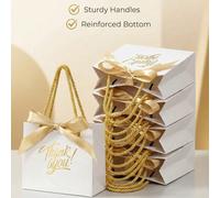 10 pezzi/20 pezzi Buste regalo bianche con scritta "GRAZIE" in oro, con manici e fiocco, dimensioni approssimative 14 x 6 x 12 cm, buste di carta regalo di piccole dimensioni in confezione multipla pe