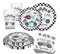 10 pezzi/20 pezzi Set di decorazioni per il compleanno "Speedy One" in blu, include piatti di carta, tovaglioli, bicchieri e posate a tema auto da corsa, adatto per feste di compleanno di bambini di 1