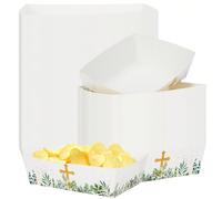 10 pezzi/30 pezzi/50 pezzi Vassoio di carta per alimenti con foglia verde e croce dorata, Dio benedica il battesimo, Prima comunione, Vassoio a forma di barca per il mio battesimo, Adatto per snack, p