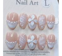 10 pezzi Adesivi per unghie 3D intagliati bianchi, decorazione in perla a forma di mandorla, design di manicure francese delicato, minimalista e versatile, fatti a mano, di alta qualità, adatti per us