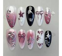 10 pezzi Adesivi per unghie a forma di mandorla, decorati a mano con stelle viola e rosa, design con fiocco, essenziali per l'estate e la spiaggia, unghie finte raffinate, fai-da-te, accessori per ung