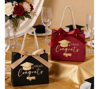 10 pezzi Borse regalo quadrate compatte di colore nero e rosso con stampa classica di tocco da laurea e rotolo, con manici in corda, effetto goffrato dorato, ideali per caramelle, piccoli regali o big