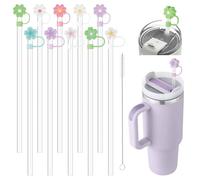 10 Pezzi Cannucce Riutilizzabili per Stanley Cup, Cannuccia per Borraccia con 10 Coperture per Cannuccia a Forma di Fiore, Cannucce di Trasparente da 31 cm, Cannucce Cocktail e Spazzole per la Pulizia