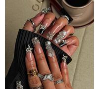 10 pezzi di adesivi per unghie quadrati stile Y2K fatti a mano per la primavera e l'estate, in colori nudi e neri con elementi di french tip, cristalli, serpenti, fiori, pianeti e stelle, adatti per f