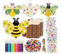 10 pezzi di componenti giocattolo in legno grezzo a forma di ape, con corda di canapa, 12 pennarelli colorati, perline, 100 pon pon, un set di pittura per bambini, materiali per colorare e realizzare