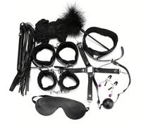 10 pezzi di manette di peluche set nero, polsini alla caviglia, maschera per gli occhi, collana frusta gioco, accessori corda