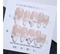 10 pezzi di unghie finte a mandorla color nude e bianco, 100% realizzate a mano, con decorazioni di farfalle e piccoli fiori, stile french lucido, accessori per manicure riutilizzabili per tutte le st