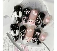 10 pezzi di unghie finte a mandorla di media-lunga lunghezza - Design gotico dolce in nero e rosa pastello con ali d'angelo 3D, fiocco e accenti di strass a catena, finitura lucida e brillante, set di