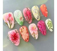 10 pezzi di unghie finte a pressione forma mandorla media, design floreale cinese pastorale con farfalle, fiori 3D & effetto lucido a goccia d'acqua, set di unghie finte riutilizzabili per donne per u