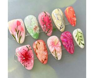 10 pezzi di unghie finte a pressione forma mandorla media, design floreale cinese pastorale con farfalle, fiori 3D & effetto lucido a goccia d'acqua, set di unghie finte riutilizzabili per donne per u
