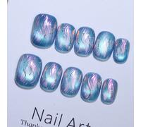 10 pezzi di unghie finte corte e rotonde, 100% fatte a mano, di colore blu aurora con riflessi cangianti, con una linea argentata glitterata, stile francese, riutilizzabili, per la vita quotidiana e l