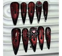 10 pezzi di unghie finte di colore rosso scuro da "ragazza ardente", realizzate a mano con gocce di sangue rosso occhio di gatto, diamanti rossi da vampiro, con 1 foglio di adesivi in gel e 1 lima per