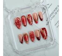 10 pezzi di unghie finte francesi fatte a mano, unghie a mandorla con decorazioni 3D a fiore e linee asimmetriche, sfumature dorate, palline in acciaio lucido, copertura completa, adatte per uso quoti