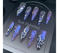 10 pezzi di unghie finte in stile punk blu realizzate a mano, set di unghie lunghe e appuntite per l'arte delle unghie estiva e autunnale, incluse unghie da vampiro con decorazioni a linee, unghie dor