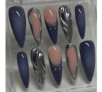 10 pezzi di unghie vintage fatte a mano in stile francese nei colori rosa, blu e argento con punte appuntite. Caratterizzate da fiocchi in filo d'argento 5D pinzati, emanano un'atmosfera delicata, ele