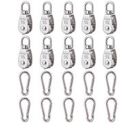 10 Pezzi M15 Paranco a Puleggia Singola in Acciaio Inossidabile 304, Ruota di Traino per Fune e Corda di Sospensione, con 10 Pezzi di Moschettoni a Molla