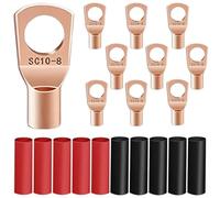 10 Pezzi M8 Ring Terminali Connettori 10mm² Kit, Capicorda Cavo Batteria, Capicorda Elettrici ad Anello di Rame, per Cavo Elettrico, con 3:1 Tubi Termorestringenti, Oro