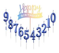 10 pezzi numero 0 - 9 compleanno candele con numeri + 1 lettera con scritta in lingua inglese "Alles Gute zum Geburtstag", decorazione per torte, numero di candele digital (blu)