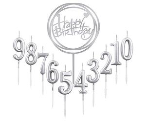 10 pezzi numero 0 - 9 compleanno candele con numeri e 1 pezzo lettera "Alles Gute zum Birthday" Glitter Cake topper decorazione torta numero candele digitali per festa (argento)