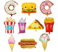 10 Pezzi Palloncini a Forma di Ciambella, Alluminio con Gelato, Hamburger, Pizza, Patatine Fritte, Popcorn - Set per Party Decorazione Compleanno